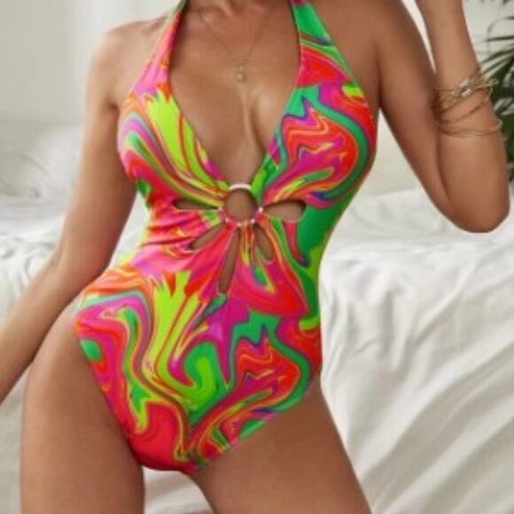 Tropical ONE PIECE Bathing Suit Sz Small Barbiecore GROOVY Hot Colors Halter NEW - Picture 12 of 12